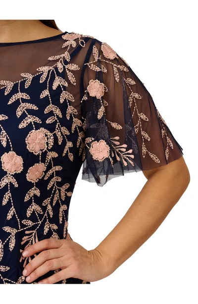Shop Adrianna Papell Embellished Flutter Sleeve Sheath Dress In Navy/ Blush