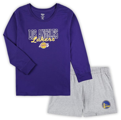 Shop Concepts Sport Purple/heather Gray Los Angeles Lakers Plus Size Long Sleeve T-shirt And Shorts Sleep