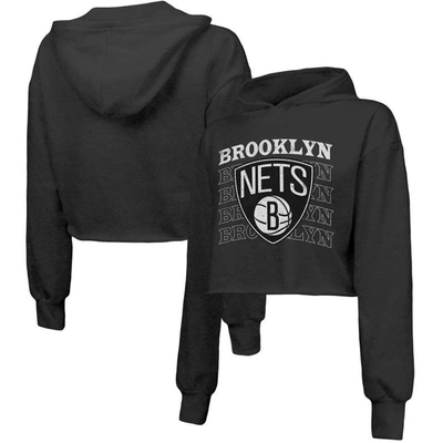 Majestic Threads Black Brooklyn Nets Repeat Cropped Tri-blend Pullover Hoodie In Black