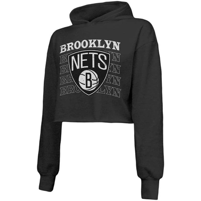 Majestic Threads Black Brooklyn Nets Repeat Cropped Tri-blend Pullover Hoodie In Black