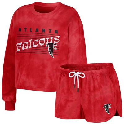 Shop Wear By Erin Andrews Red Atlanta Falcons Tie-dye Cropped Pullover Sweatshirt & Shorts Lounge Set