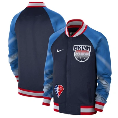 Shop Nike Navy/red Brooklyn Nets 2021/22 City Edition Therma Flex Showtime Full-zip Bomber Jacket