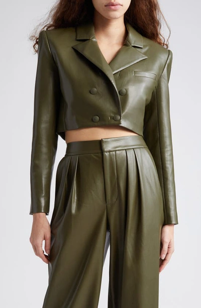 Shop Alice And Olivia Anthony Faux Leather Crop Blazer In Olive