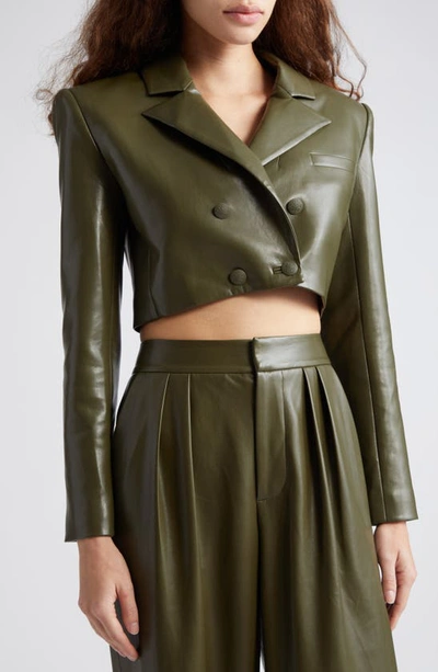 Shop Alice And Olivia Anthony Faux Leather Crop Blazer In Olive