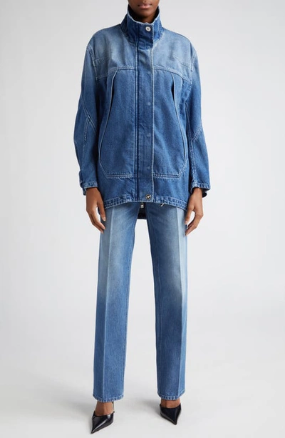 Shop Versace Funnel Neck Denim Jacket In Medium Blue