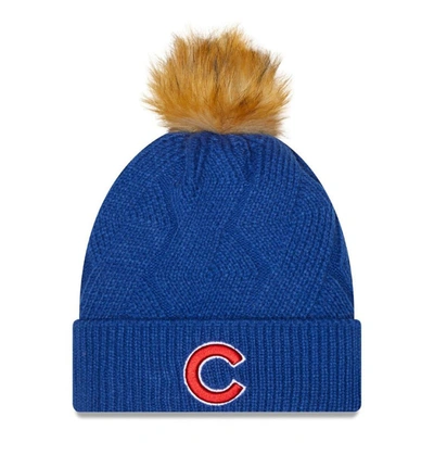Shop New Era Royal Chicago Cubs Snowy Cuffed Knit Hat With Pom