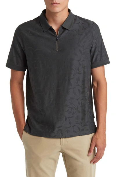 Shop Ted Baker Floral Jacquard Zip Polo In Dark Green