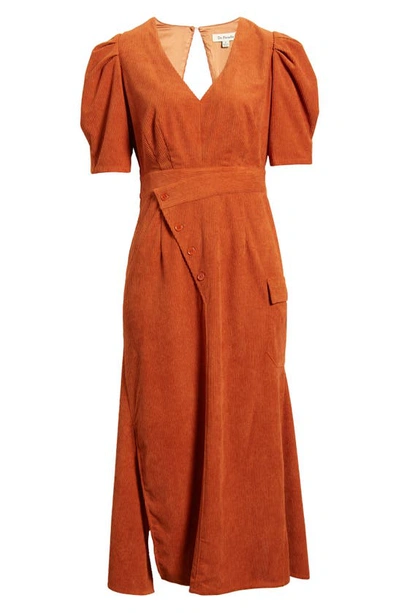 Shop Du Paradis Puff Sleeve Corduroy Midi Dress In Rust