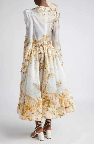 Shop Zimmermann Lyrical Garden Print Ruched Long Sleeve Silk Midi Dress In Garden Scene