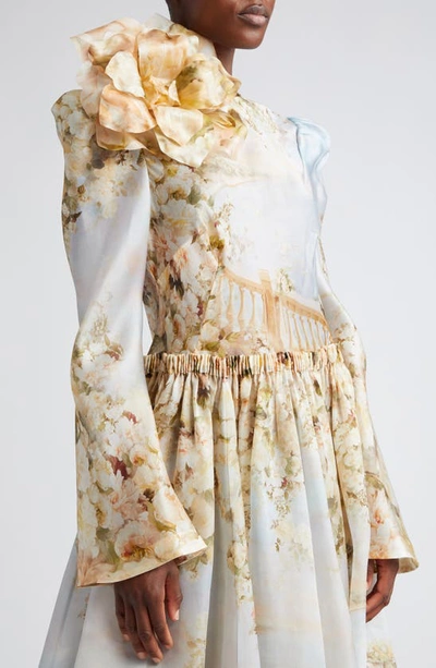 Shop Zimmermann Lyrical Garden Print Ruched Long Sleeve Silk Midi Dress In Garden Scene
