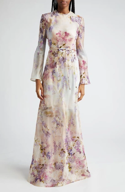 Shop Zimmermann Luminosity Floral Print Long Sleeve Silk Satin Dress In Dreamy Floral