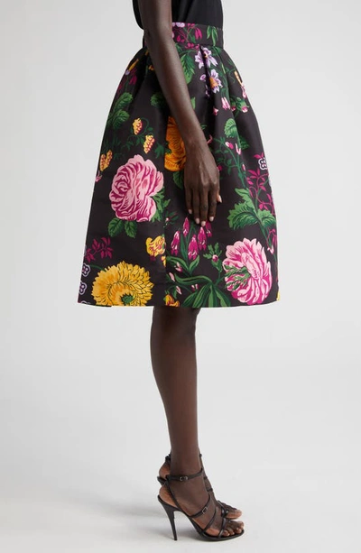 Shop Carolina Herrera Floral Print A-line Satin Skirt In Black Multi