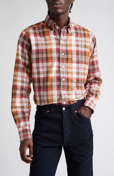 Shop Drake's Madras Plaid Button-down Shirt In Brown/ Red