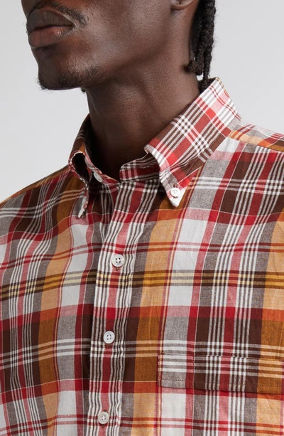 Shop Drake's Madras Plaid Button-down Shirt In Brown/ Red
