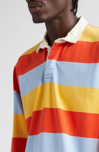Shop Drake's Stripe Long Sleeve Rugby Polo In Lemon/red/blue 502
