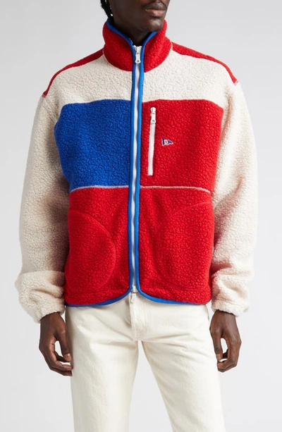 Shop Drake's Colorblock Wool Blend Bouclé Fleece Zip Jacket In Ecru/ Red/ Blue