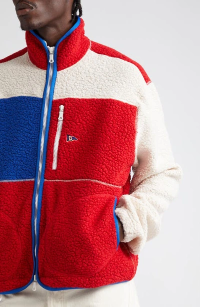 Shop Drake's Colorblock Wool Blend Bouclé Fleece Zip Jacket In Ecru/ Red/ Blue