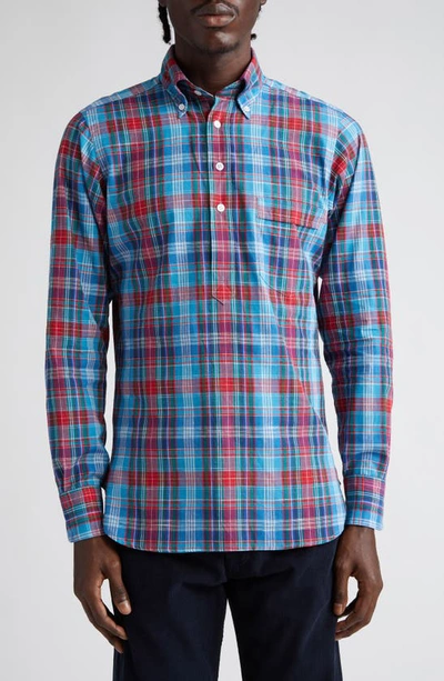 Shop Drake's Madras Plaid Button-down Popover Shirt In Blue/ Red
