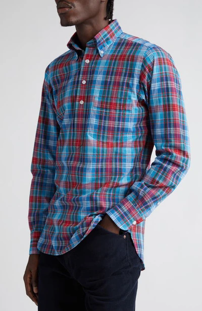 Shop Drake's Madras Plaid Button-down Popover Shirt In Blue/ Red