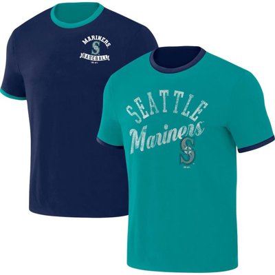 Shop Darius Rucker Collection By Fanatics Navy/aqua Seattle Mariners Two-way Ringer Reversible T-shirt