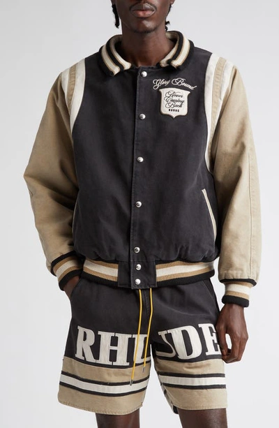 Shop Rhude Washed Cotton Canvas Varsity Jacket In Brown/ Crme