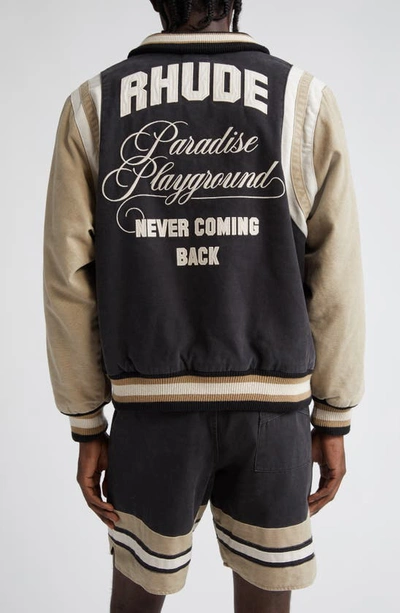 Shop Rhude Washed Cotton Canvas Varsity Jacket In Brown/ Crme