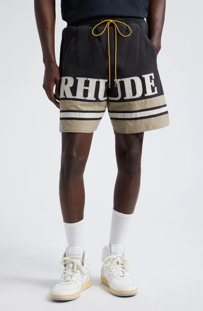 Shop Rhude Logo Embroidered Cotton Shorts In Black/ Khaki