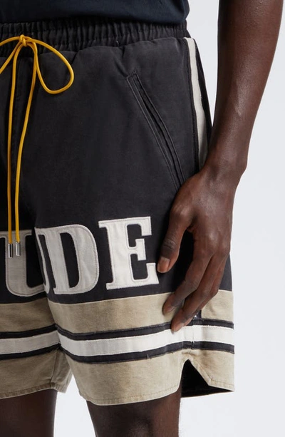 Shop Rhude Logo Embroidered Cotton Shorts In Black/ Khaki
