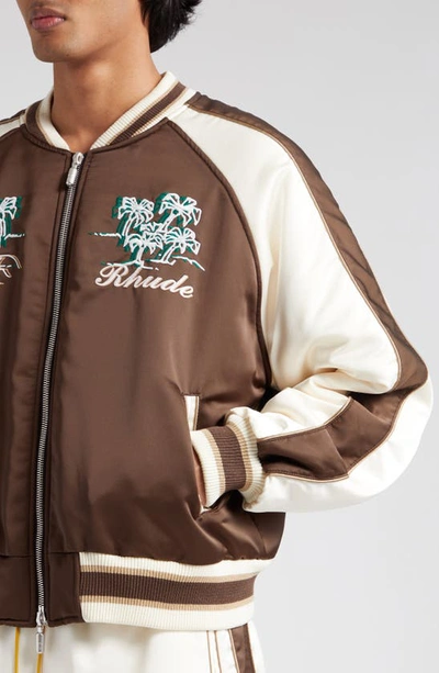 Shop Rhude Souvenir Crepe Satin Bomber Jacket In Brown/ Crme