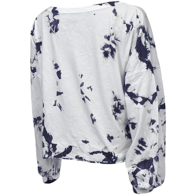 Shop Majestic Threads White/navy Tennessee Titans Off-shoulder Tie-dye V-neck Long Sleeve T-shirt