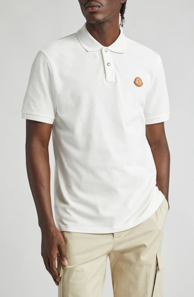 Shop Moncler Leather Logo Patch Cotton Piqué Polo In Bright White