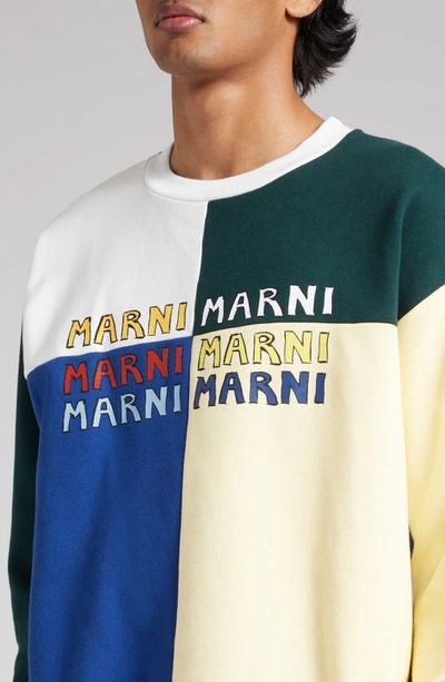 Shop Marni Colorblock Cotton Logo Graphic Sweatshirt In Multi White