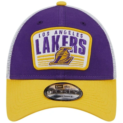 Shop New Era Purple/gold Los Angeles Lakers Two-tone Patch 9forty Trucker Snapback Hat