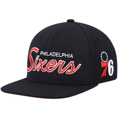 Shop Mitchell & Ness Black Philadelphia 76ers Hardwood Classics Script 2.0 Snapback Hat