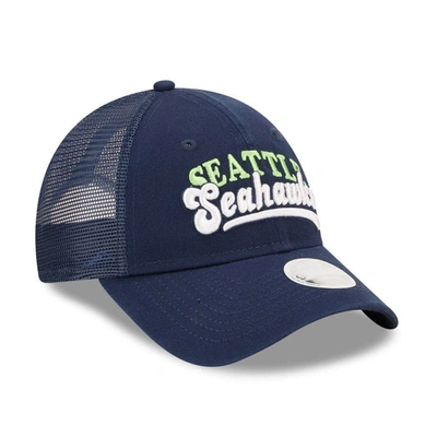 Shop New Era College Navy Seattle Seahawks Team Trucker 9forty Snapback Hat
