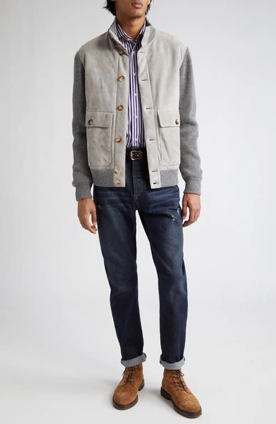 Shop Brunello Cucinelli Suede & Cashmere Knit Jacket In Light Grey