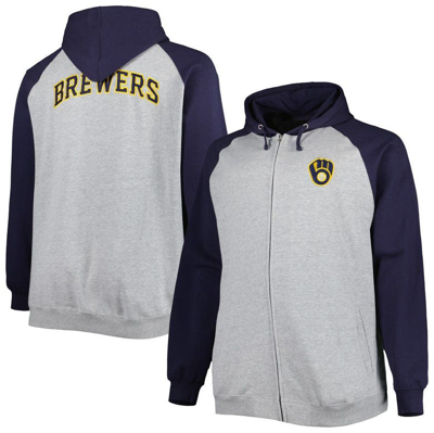 Shop Profile Heather Gray/navy Milwaukee Brewers Big & Tall Raglan Hoodie Full-zip Sweatshirt