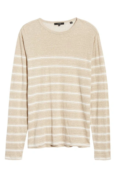 Shop Vince Stripe Crewneck Linen Sweater In Desert Sand/ Optic White
