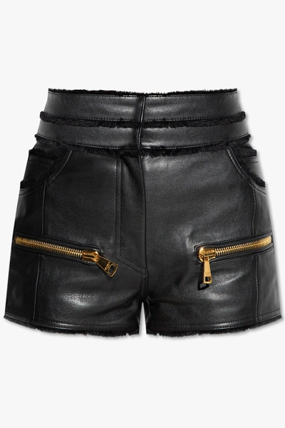 Shop Balmain Black High-rise Leather Shorts In New