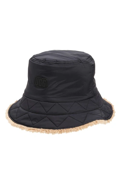 Shop Ugg Recycled Nylon & Faux Shearling Reversible Bucket Hat In Black Multi