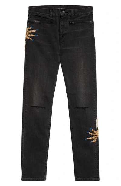 Shop Undercover Beaded Hand Ripped Straight Leg Jeans In Black