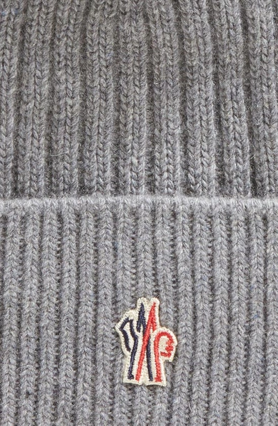 Shop Moncler Cashmere & Wool Rib Beanie With Faux Fur Pompom In Grey