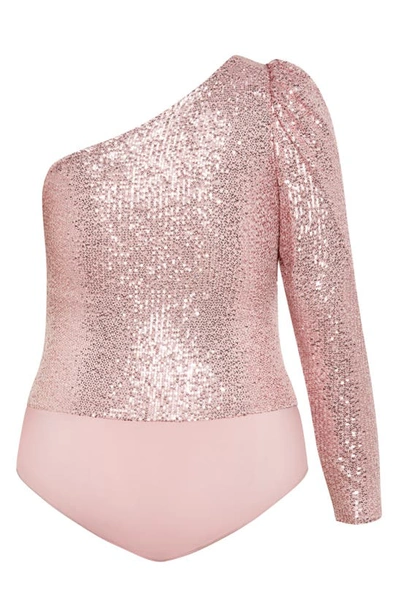 Shop City Chic Katelyn Sequin One-shoulder Bodysuit In Soft Pink