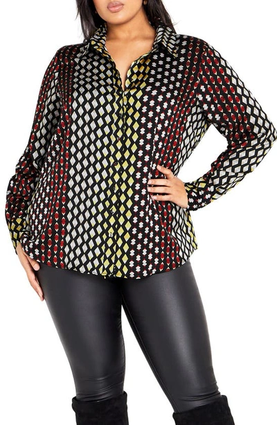 City Chic Genevieve Mix Print Long Sleeve Shirt In Retro Geo