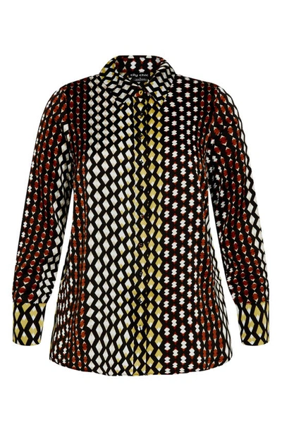 City Chic Genevieve Mix Print Long Sleeve Shirt In Retro Geo