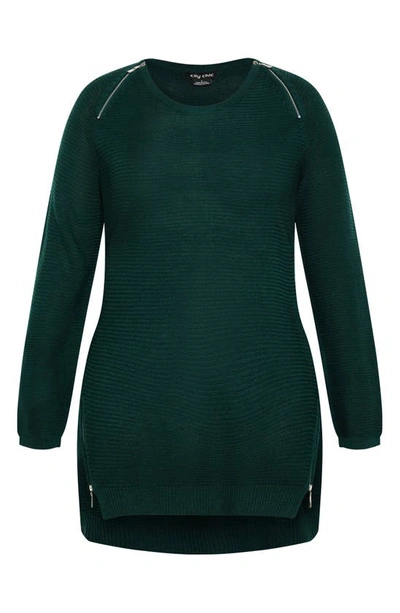 Shop City Chic Zipper Accent High-low Crewneck Sweater In Emerald