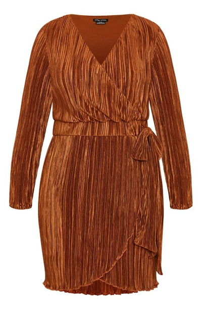 Shop City Chic Macie Plissé Long Sleeve Faux Wrap Dress In Gingerbread