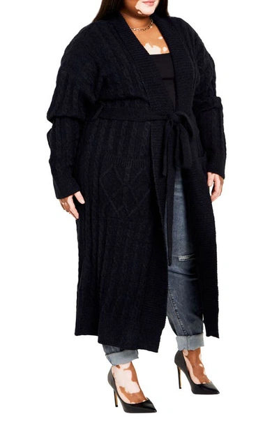 Shop City Chic Kelsey Belted Cable Stitch Longline Cardigan In Black