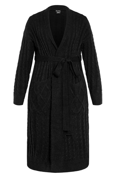 Shop City Chic Kelsey Belted Cable Stitch Longline Cardigan In Black