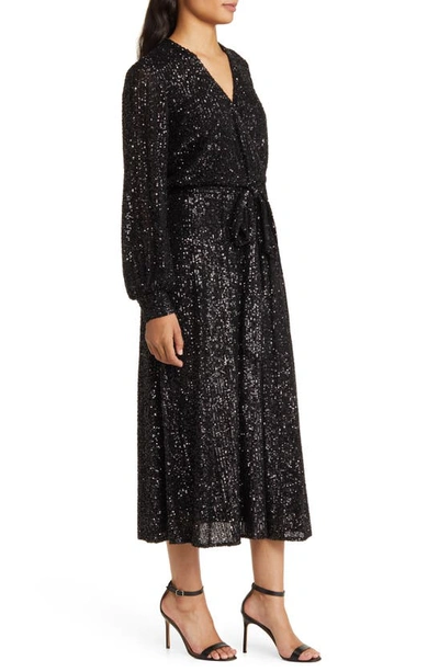 Shop Anne Klein Sequin Long Sleeve Midi Dress In Anne Black